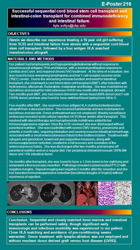 Successful sequential cord blood stem cell transplant and intestinal-colon transplant for combined immunodeficiency and intestinal failure.