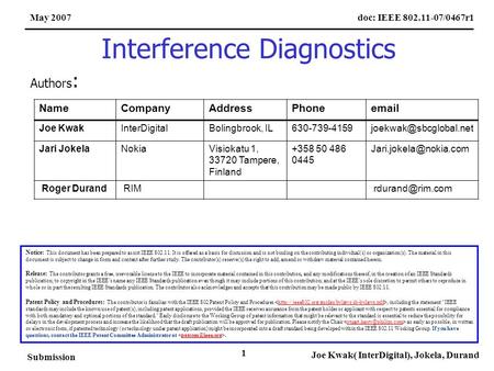 Doc: IEEE 802.11-07/0467r1May 2007 Submission Joe Kwak( InterDigital), Jokela, Durand 1 Interference Diagnostics Notice: This document has been prepared.