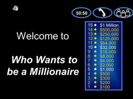 15 14 13 12 11 10 9 8 7 6 5 4 3 2 1 $1 Million $500,000 $250,000 $125,000 $64,000 $32,000 $16,000 $8,000 $4,000 $2,000 $1,000 $500 $300 $200 $100 Welcome.