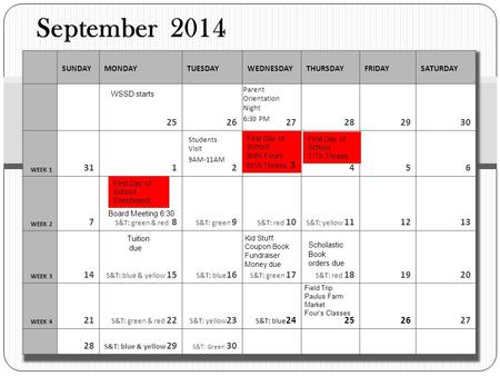 September 2014 SUNDAYMONDAYTUESDAYWEDNESDAYTHURSDAYFRIDAYSATURDAY 252525 25252627282930 WEEK 1 31125456 WEEK 2 7 S&T: green & red 8 S&T: green 9 S&T: red.