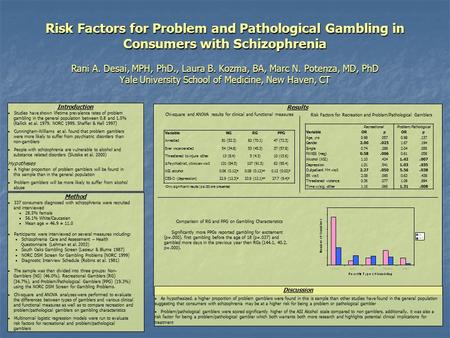 Results Risk Factors for Problem and Pathological Gambling in Consumers with Schizophrenia Rani A. Desai, MPH, PhD., Laura B. Kozma, BA, Marc N. Potenza,