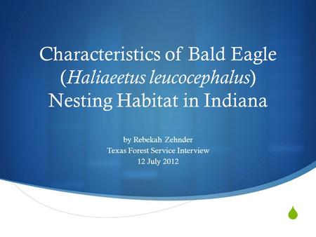  Characteristics of Bald Eagle ( Haliaeetus leucocephalus ) Nesting Habitat in Indiana by Rebekah Zehnder Texas Forest Service Interview 12 July 2012.