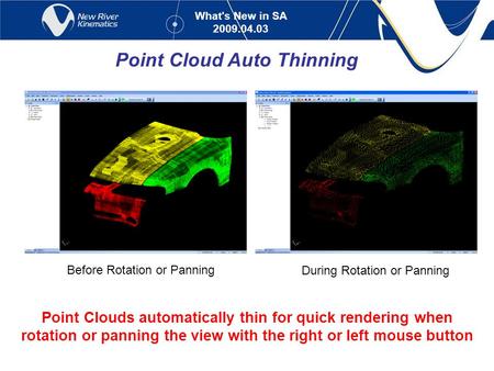 What's New in SA 2009.04.03 Point Cloud Auto Thinning Point Clouds automatically thin for quick rendering when rotation or panning the view with the right.