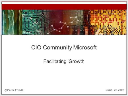 © Peter Friedli, 2005 N EW V ENTURETEC June 28, 2005 CIO Community Microsoft Facilitating Growth c Peter Friedli June, 28 2005.