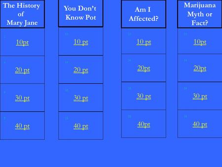 20 pt 30 pt 40 pt 10 pt 20 pt 30 pt 40 pt 10 pt 20pt 30 pt 40pt 10pt 20pt 30 pt 40 pt 10pt The History of Mary Jane You Don’t Know Pot Am I Affected? Marijuana.