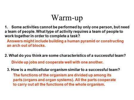 Warm-up The functions of the organism are divided up among its parts (organs and organ systems). All the parts cooperate to carry out all the functions.