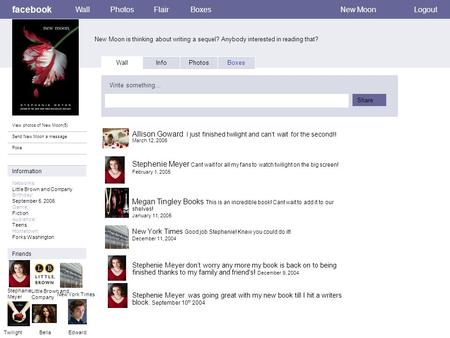 Facebook New Moon is thinking about writing a sequel? Anybody interested in reading that? WallPhotosFlairBoxesNew MoonLogout View photos of New Moon(5)