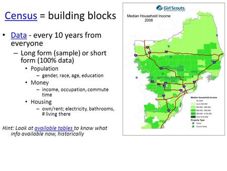 CensusCensus = building blocks Data - every 10 years from everyone Data – Long form (sample) or short form (100% data) Population – gender, race, age,