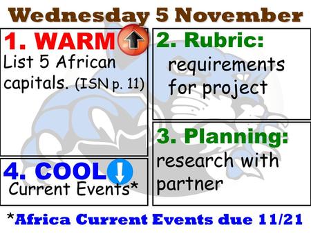 1. WARM 4. COOL List 5 African capitals. (ISN p. 11) 2. Rubric: requirements for project Wednesday 5 November 3. Planning: research with partner * Africa.