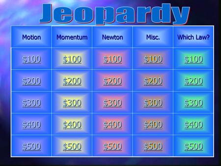 MotionMomentumNewtonMisc. Which Law? $100 $200 $300 $400 $500.