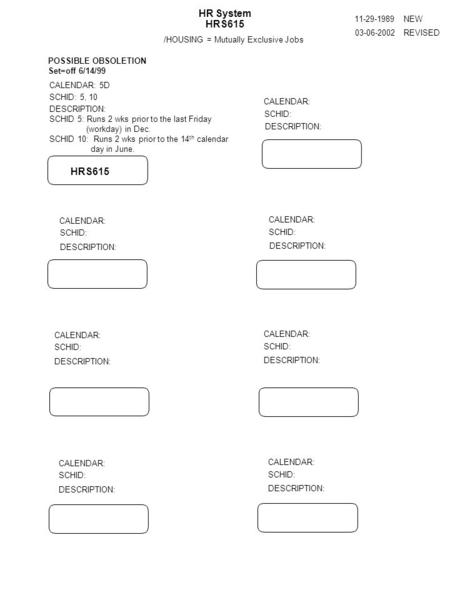 HR System HRS615 NEW REVISED SCHID: 5, 10 CALENDAR: 5D DESCRIPTION: SCHID 5: Runs 2 wks prior to the last Friday (workday) in Dec. SCHID 10: Runs 2 wks.