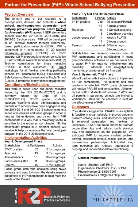 Project Overview The primary goal of our research is to conceptualize, develop, and evaluate a whole school, multi-component aggression and bullying prevention.