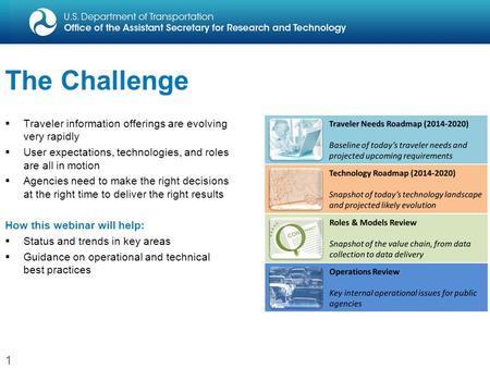 The Challenge  Traveler information offerings are evolving very rapidly  User expectations, technologies, and roles are all in motion  Agencies need.