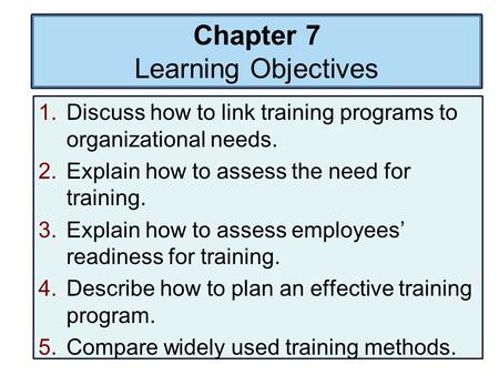 Chapter 7 Learning Objectives 1.Discuss how to link training programs to organizational needs. 2.Explain how to assess the need for training. 3.Explain.