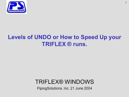 Levels of UNDO or How to Speed Up your TRIFLEX ® runs. TRIFLEX® WINDOWS PipingSolutions, Inc. 21 June 2004 1.