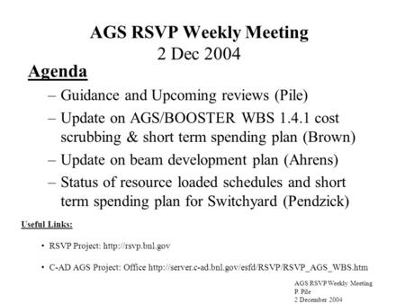 AGS RSVP Weekly Meeting P. Pile 2 December 2004 AGS RSVP Weekly Meeting 2 Dec 2004 Useful Links: RSVP Project :  C-AD AGS Project: Office.