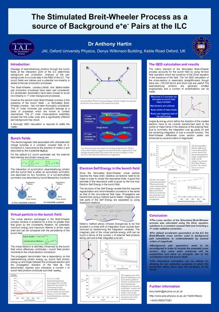 The Stimulated Breit-Wheeler Process as a source of Background e + e - Pairs at the ILC Dr Anthony Hartin JAI, Oxford University Physics, Denys Wilkinson.