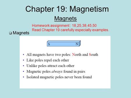 Chapter 19: Magnetism Magnets  Magnets Homework assignment : 18,25,38,45,50 Read Chapter 19 carefully especially examples.