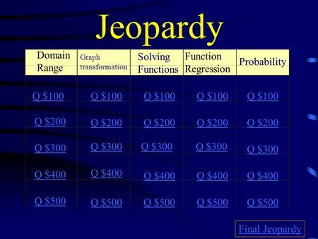 Jeopardy Domain Range Graph transformation s Solving Functions Function Regression Probability Q $100 Q $200 Q $300 Q $400 Q $500 Q $100 Q $200 Q $300.