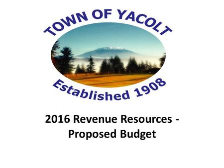 2016 Revenue Resources - Proposed Budget Fiscal Awareness Smaller municipalities like us, need to focus on revenue as a priority; expenditures are under.