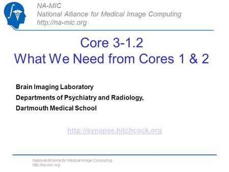 National Alliance for Medical Image Computing  Core 3-1.2 What We Need from Cores 1 & 2 NA-MIC National Alliance for Medical Image Computing.