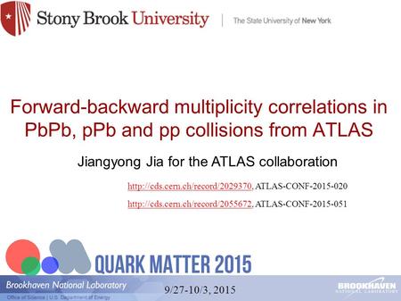 Forward-backward multiplicity correlations in PbPb, pPb and pp collisions from ATLAS Jiangyong Jia for the ATLAS collaboration 9/27-10/3, 2015