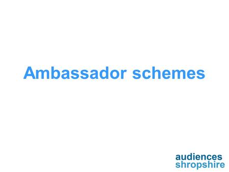 Ambassador schemes. What is an ambassador? “A community networker with the objective of spreading the word about arts and cultural events and/or representing.