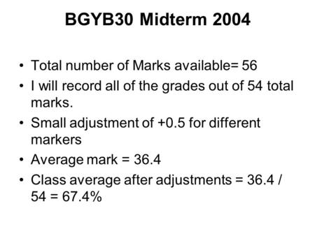 BGYB30 Midterm 2004 Total number of Marks available= 56 I will record all of the grades out of 54 total marks. Small adjustment of +0.5 for different markers.