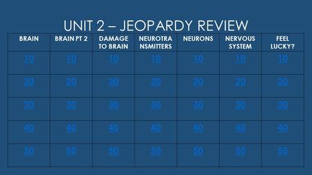 UNIT 2 – JEOPARDY REVIEW BRAINBRAIN PT 2DAMAGE TO BRAIN NEUROTRA NSMITTERS NEURONSNERVOUS SYSTEM FEEL LUCKY? 10 20 30 40 50.