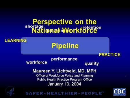 Workforce shortage LEARNING PRACTICE performance recruitment retention quality Perspective on the National Workforce Pipeline Maureen Y. Lichtveld, MD,