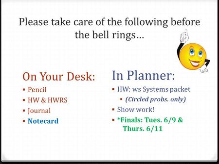 Please take care of the following before the bell rings… On Your Desk:  Pencil  HW & HWRS  Journal  Notecard In Planner:  HW: ws Systems packet 