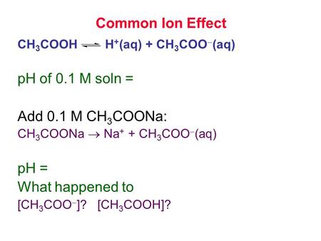 Common Ion Effect CH 3 COOH H + (aq) + CH 3 COO  (aq) pH of 0.1 M soln = Add 0.1 M CH 3 COONa: CH 3 COONa  Na + + CH 3 COO  (aq) pH = What happened.