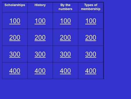 ScholarshipsHistoryBy the numbers Types of membership 100 200 300 400.