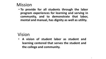 Mission To provide for all students through the labor program experiences for learning and serving in community, and to demonstrate that labor, mental.