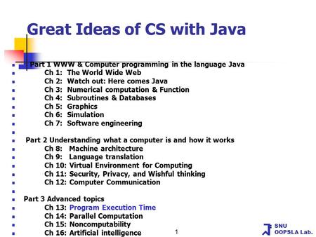 SNU OOPSLA Lab. 1 Great Ideas of CS with Java Part 1 WWW & Computer programming in the language Java Ch 1: The World Wide Web Ch 2: Watch out: Here comes.