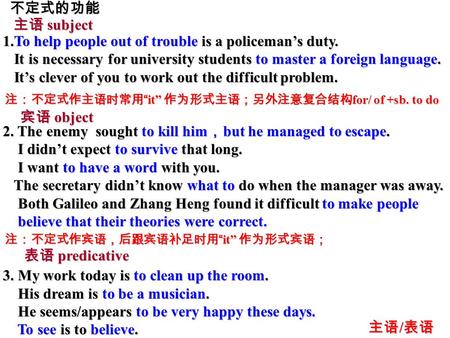 1.To help people out of trouble is a policeman’s duty. It is necessary for university students to master a foreign language. It is necessary for university.