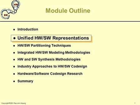 1 Copyright  2001 Pao-Ann Hsiung SW HW Module Outline l Introduction l Unified HW/SW Representations l HW/SW Partitioning Techniques l Integrated HW/SW.