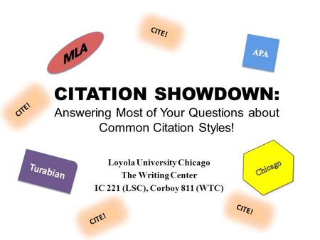 CITATION SHOWDOWN: Answering Most of Your Questions about Common Citation Styles! Loyola University Chicago The Writing Center IC 221 (LSC), Corboy 811.