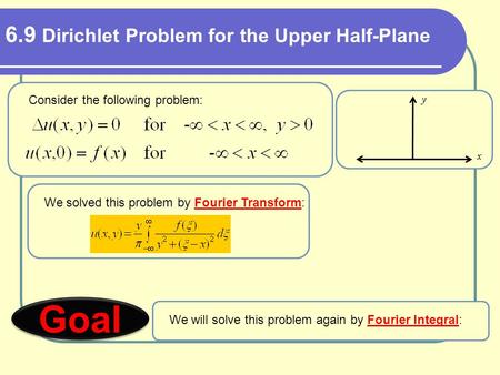 6.9 Dirichlet Problem for the Upper Half-Plane Consider the following problem: We solved this problem by Fourier Transform: We will solve this problem.