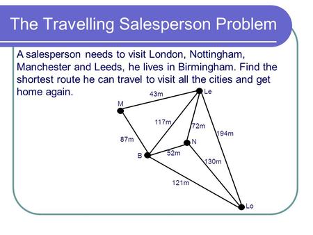 The Travelling Salesperson Problem A salesperson needs to visit London, Nottingham, Manchester and Leeds, he lives in Birmingham. Find the shortest route.