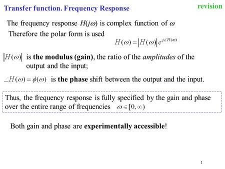 revision Transfer function. Frequency Response