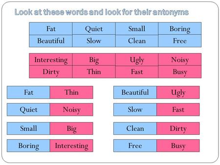 Beautiful Big Quiet Noisy Boring Interesting Fat FastDirty Clean Ugly Thin Small SlowFree Busy FatThin QuietNoisy SmallBig BoringInteresting BeautifulUgly.