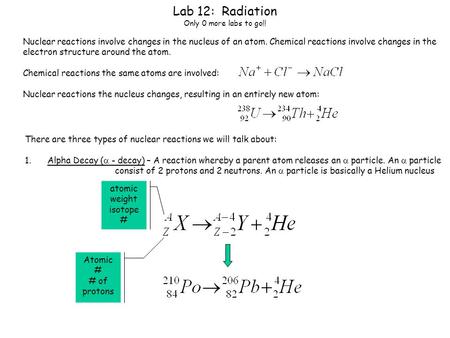 Lab 12: Radiation Only 0 more labs to go!! Nuclear reactions involve changes in the nucleus of an atom. Chemical reactions involve changes in the electron.