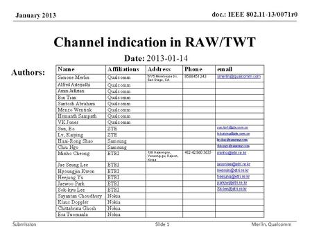 Doc.: IEEE 802.11-13/0071r0 January 2013 Submission Channel indication in RAW/TWT Date: 2013-01-14 Authors: Merlin, Qualcomm Slide 1.