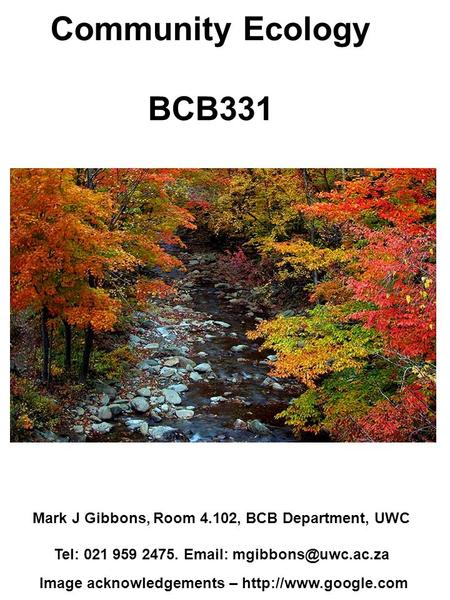 Community Ecology BCB331 Mark J Gibbons, Room 4.102, BCB Department, UWC Tel: 021 959 2475.   Image acknowledgements –