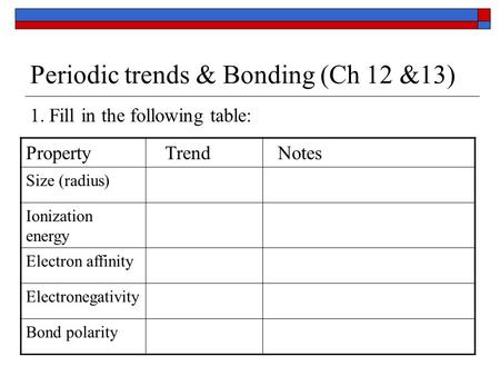 Periodic trends & Bonding (Ch 12 &13) 1. Fill in the following table: Property Trend Notes Size (radius) Ionization energy Electron affinity Electronegativity.