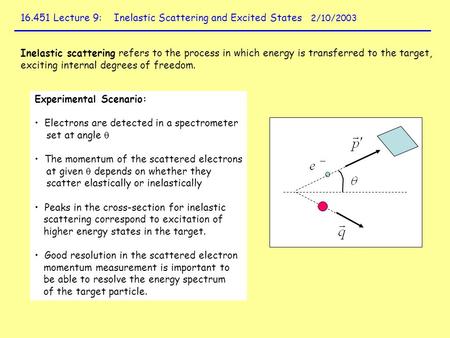 16.451 Lecture 9: Inelastic Scattering and Excited States 2/10/2003 Inelastic scattering refers to the process in which energy is transferred to the target,