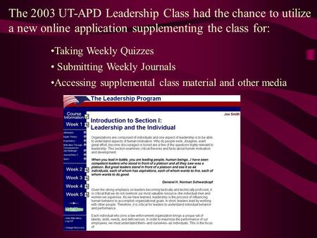 The 2003 UT-APD Leadership Class had the chance to utilize a new online application supplementing the class for: Accessing supplemental class material.