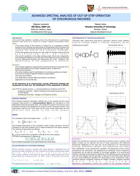 ADVANCED SPECTRAL ANALYSIS OF OUT-OF-STEP OPERATION OF SYNCHRONOUS MACHINES Zbigniew Leonowicz BSI Riken, ABSP Lab. Wako-shi, Saitama, Japan