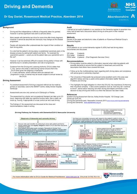 Driving and Dementia Dr Gay Daniel, Rosemount Medical Practice, Aberdeen 2014 Background Driving and the independence it affords is frequently taken for.